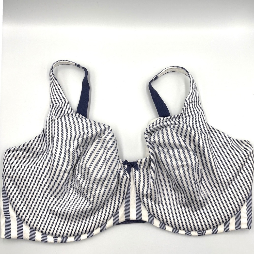 Cacique Navy Blue White Striped Unlined Full Coverage Bra 42G 42DDDD Bow Detail